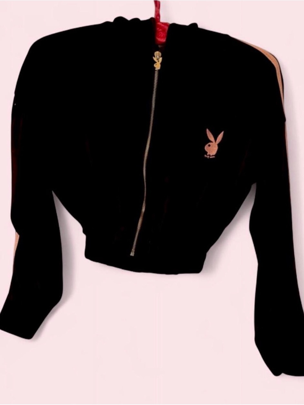 PLAYBOY Black Cropped Bomber Jacket with Pink Bunny Logo